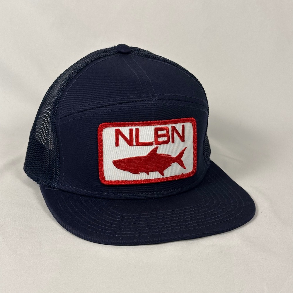 NLBN Fishing Trucker Hat Mens OSFA Navy Blue Shark Patch Mesh Snapback Otto Cap